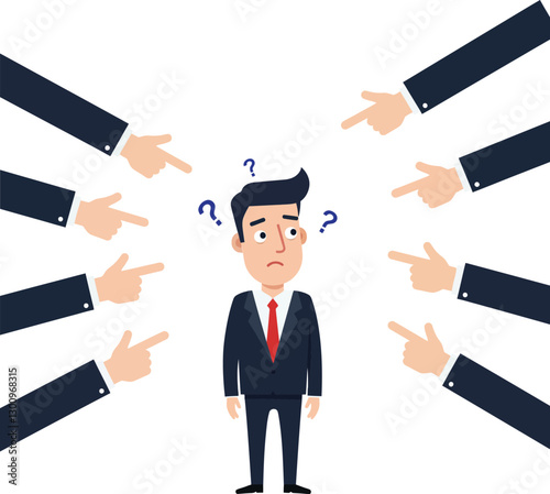 A confused businessman in a suit surrounded by pointing hands in a flat vector art style depicting blame and uncertainty in a corporate setting