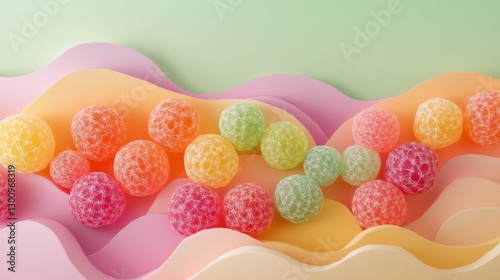 A colorful display of gummy balls arranged in a wave pattern. The gummy balls come in a variety of colors, including green, yellow, and pink. The arrangement creates a playful and fun atmosphere
