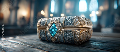 Intricate Ornate Jewel Box with Blue Gemstone on Dark Wooden Surface