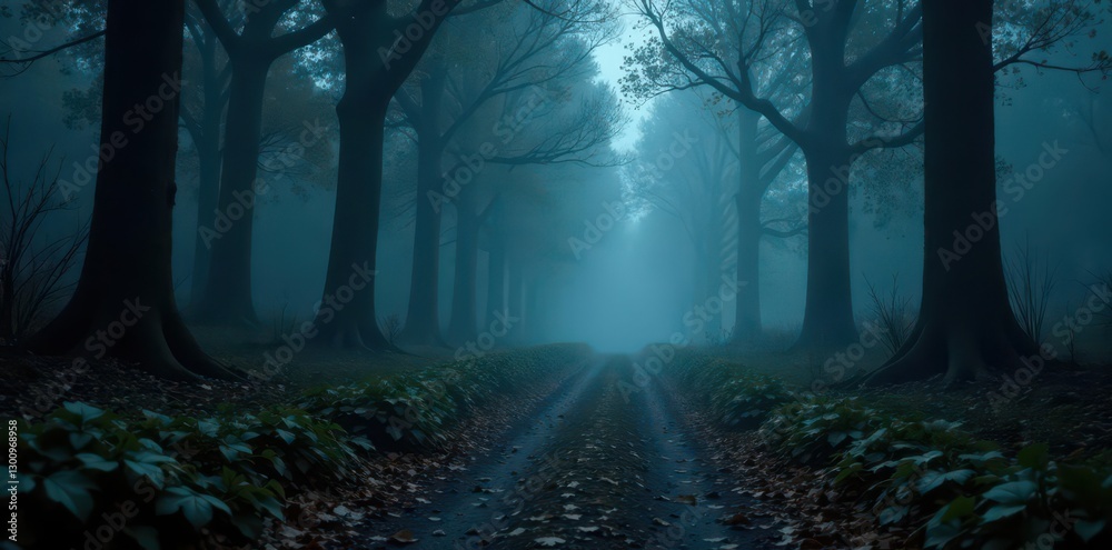 Fototapeta premium Dark, misty forest path, Halloween atmosphere, photography, leaves, spooky