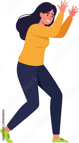A cheerful woman in a yellow sweater playfully dancing with excitement in a minimal, vibrant design style vector art