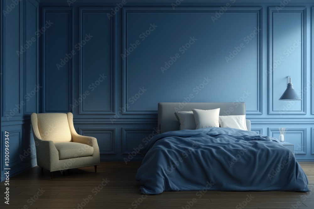Fototapeta premium Elegant blue bedroom interior with armchair and bed.