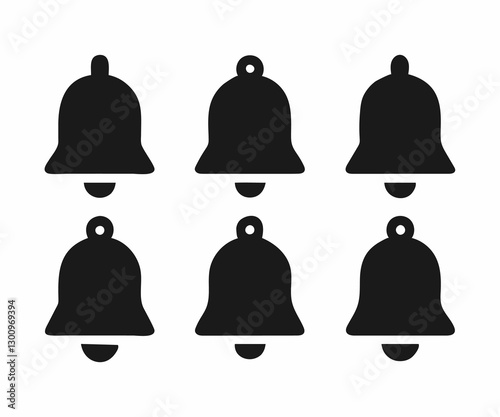 Six Simple Black Notification Bells on White Background