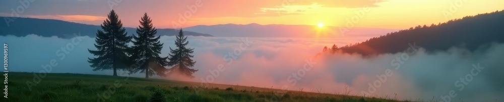 Misty dawn, fir trees stand solitary in fog-shrouded meadow between rolling hills , image, dawn Misty dawn, fir trees stand solitary in fog-shrouded meadow between rolling hills , image, dawn