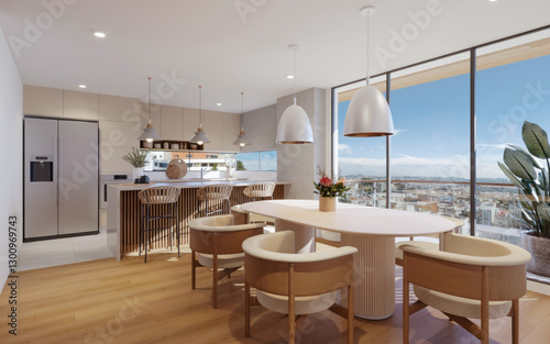 Comedor y cocina abierta en edificio con vista a la ciudad con acabados modernos y acogedores, 3d render