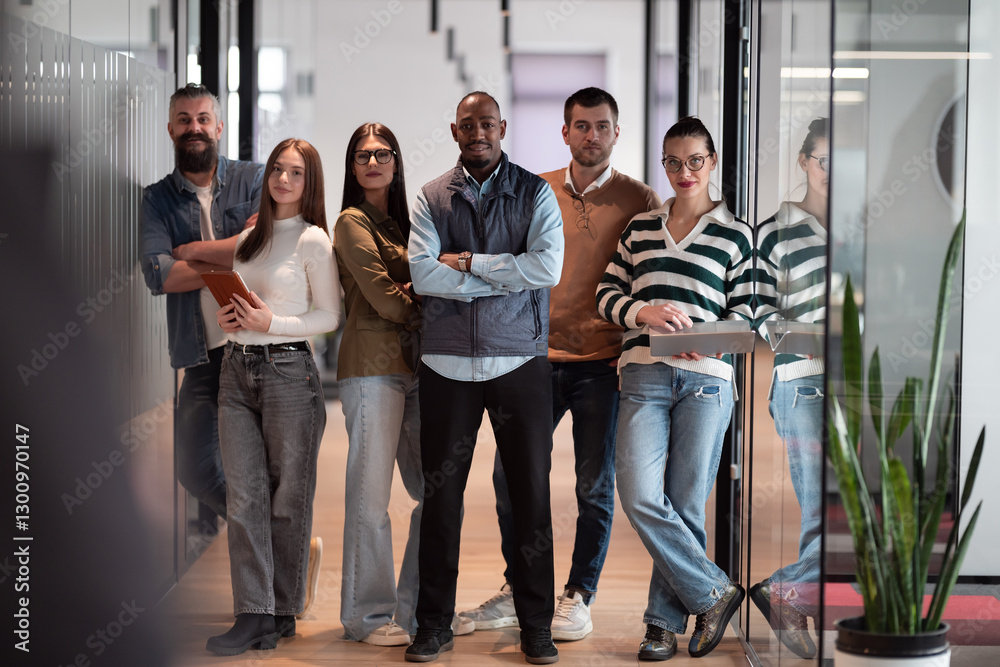 Obraz premium A diverse, multiethnic business team of entrepreneurs and leaders in a modern office, collaborating in an open space. Their teamwork, motivation, and partnership fuel the company's growth and success