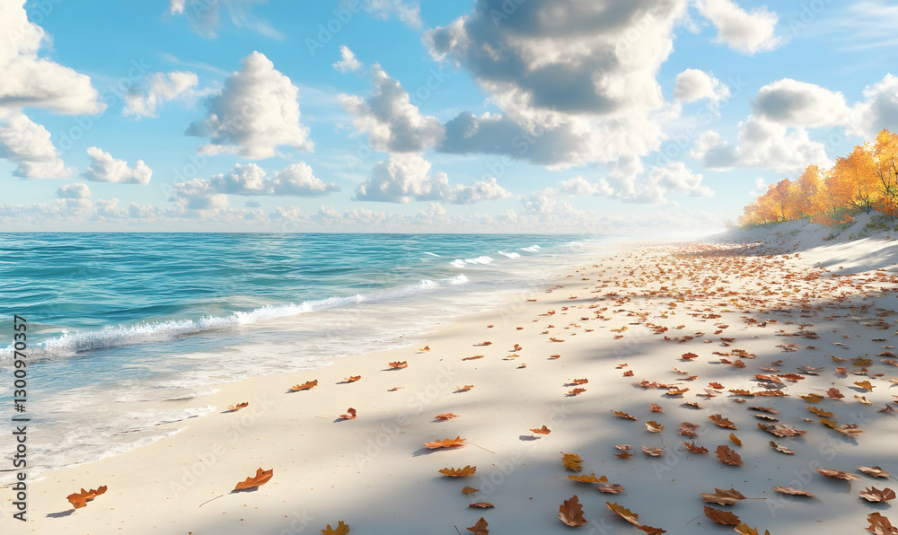 Autumn leaves on serene beach with blue water and sky creating a peaceful landscape Autumn leaves on serene beach with blue water and sky creating a peaceful landscape