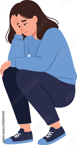 A young woman sitting on the floor with her knees drawn up, wearing a blue sweater and dark pants in a minimal vector illustration