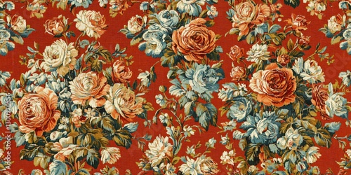 Vintage Floral Tapestry: A vibrant tapestry, interwoven with a profusion of roses in shades of peach, cream, and blue, creating a rich texture on a striking red backdrop.