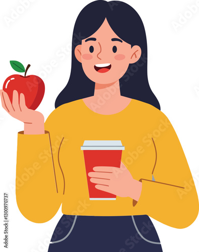 A cheerful woman with long dark hair holds a red apple and a coffee cup while wearing a bright yellow sweater in flat vector illustration