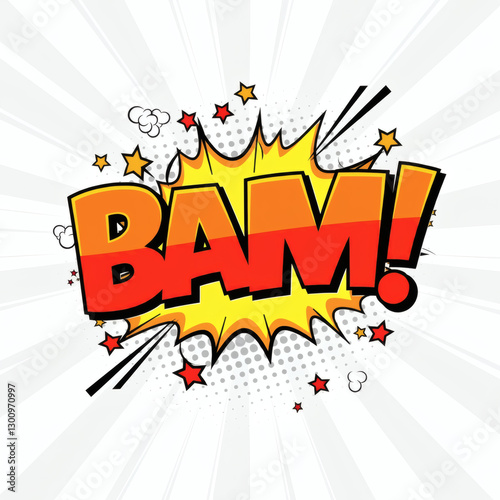 Comic book BAM text explosion bright colorful pop art style action word cartoon speech bubble retro design