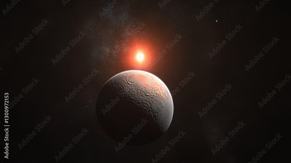 A distant planet orbiting a glowing red star in a vast cosmic space. A distant planet orbiting a glowing red star in a vast cosmic space.