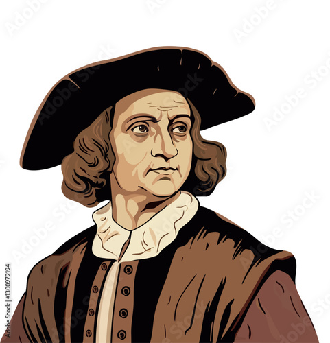 Illustrated Vector Drawing of Christopher Columbus. Italian explorer who sailed across the Atlantic in 1492, reaching the Americas, forever altering the course of history.