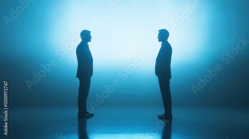 Two Men Facing Each Other In A Blue Lit Room