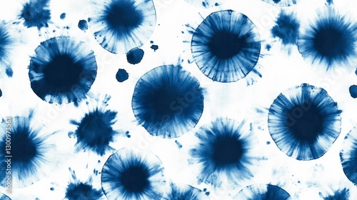Abstract tie-dye pattern in indigo blue, featuring an array of circular shapes and splashes with black ink outlines