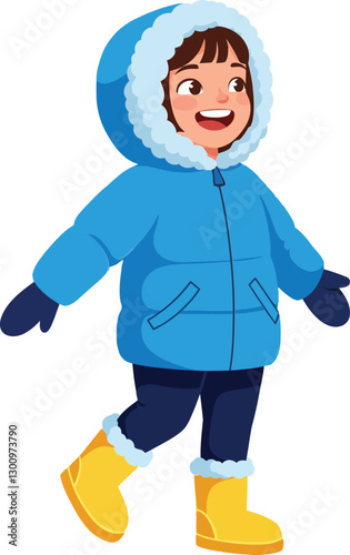 Cheerful child wearing a blue winter coat and yellow boots walking joyfully in a snowy environment, flat vector illustration