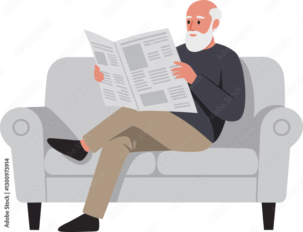 An elderly man sitting comfortably on a grey couch reading a newspaper in a flat design vector illustration