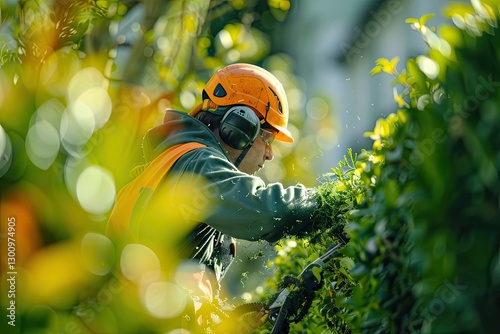 High Definition Visual of Parks Worker Trimming the Hedges
