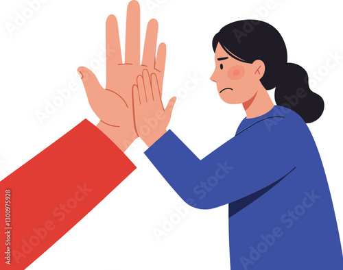 Woman expressing resistance in a tense moment with a red hand gesture in a flat style vector illustration