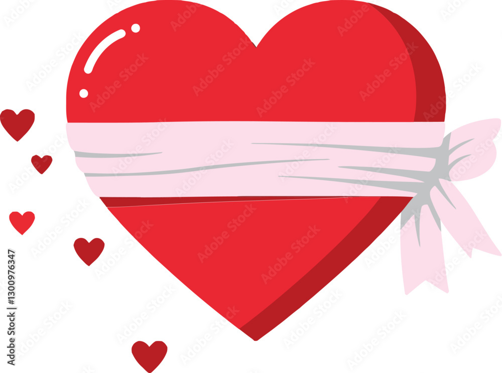 A large red heart wrapped with a white ribbon and smaller hearts floating around it in a minimal vector art style A large red heart wrapped with a white ribbon and smaller hearts floating around it in a minimal vector art style