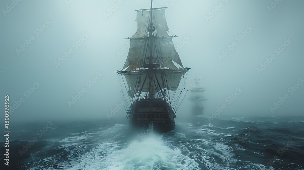 Fototapeta premium A majestic ship navigating through thick fog on a turbulent sea, with another vessel in the distance