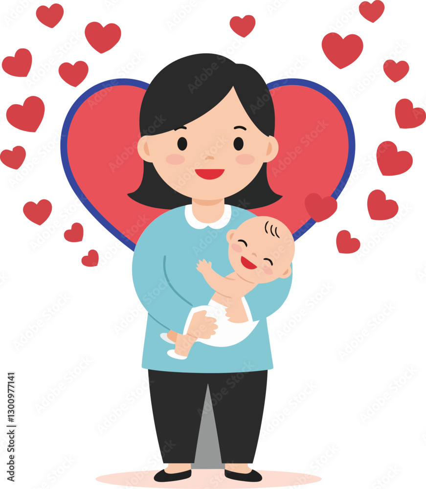 Caring mother holding a joyful baby surrounded by floating hearts in a flat vector illustration Caring mother holding a joyful baby surrounded by floating hearts in a flat vector illustration