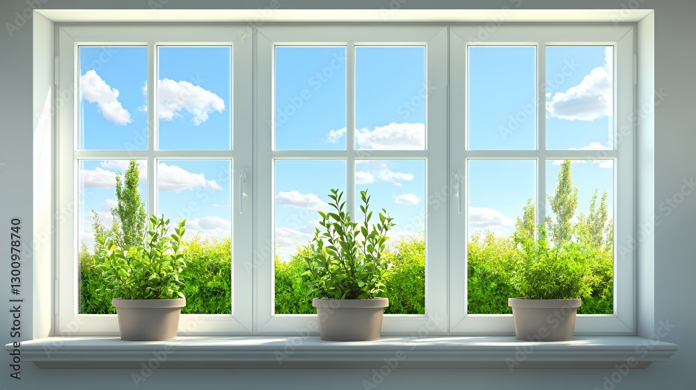 Fototapeta premium Bright and fresh view through a window with green plants basking in sunlight.