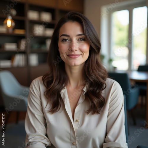 Free Download A Confident professional woman in business attire smiling in a modern, stylish office setting - GFXLoad