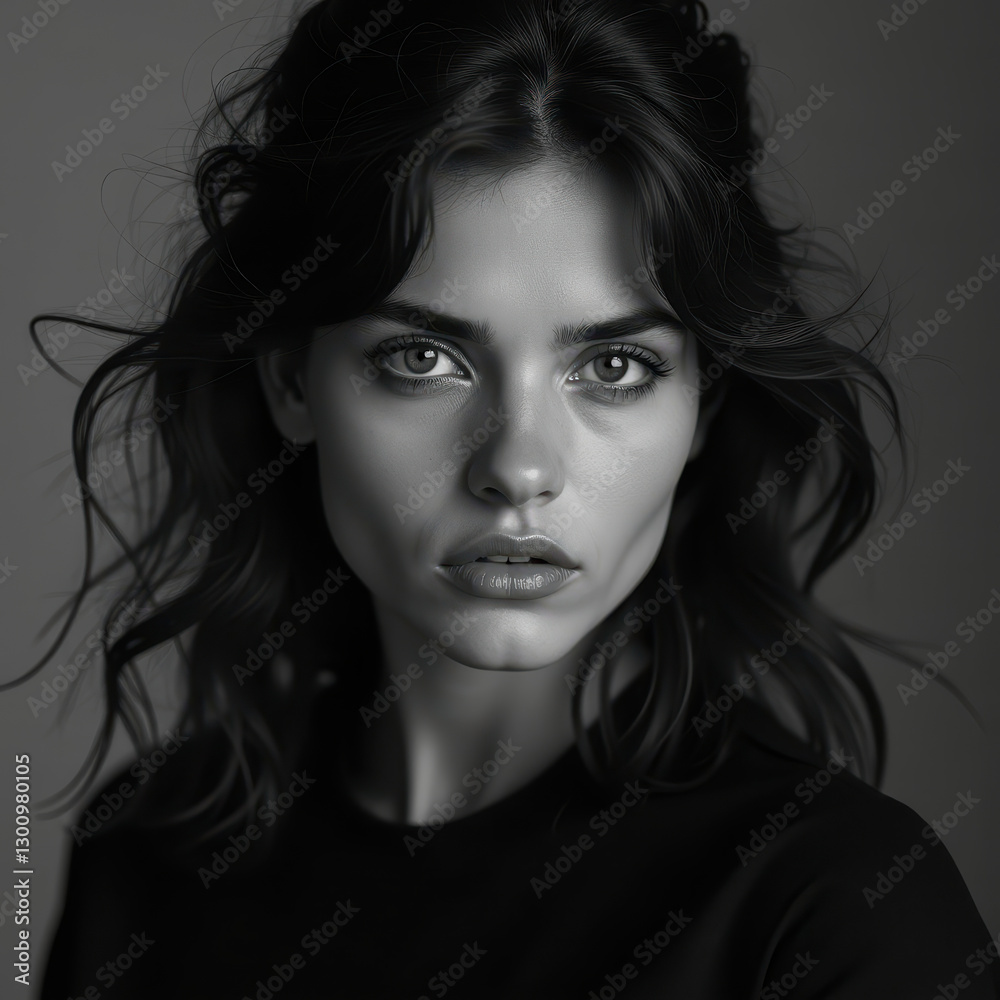 Black and white close-up of a sophisticated woman, highlighting elegance, fashion, and beauty with detailed facial expression and artistic flare Black and white close-up of a sophisticated woman, highlighting elegance, fashion, and beauty with detailed facial expression and artistic flare