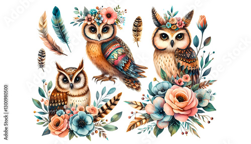 Watercolor clipart set of hand-painted owls with flowers and feathers bouquets, watercolor boho owl character. Watercolor clipart illustration isolated on a white background