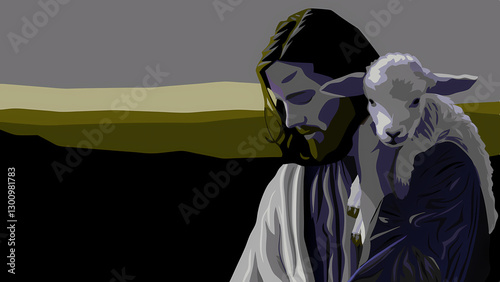 Jesus holding a lamb on his shoulders, symbolizing care and salvation, vector-style image