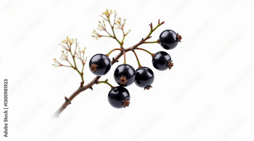 Branch of ripe blackcurrants adorned with lush green leaves, isolated against a white background. Highlighting a fresh and natural appearance, perfect for themes of nature, food, or botanical studies