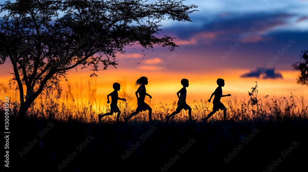 Silhouettes of four children running at sunset amidst tall grass. Silhouettes of four children running at sunset amidst tall grass.