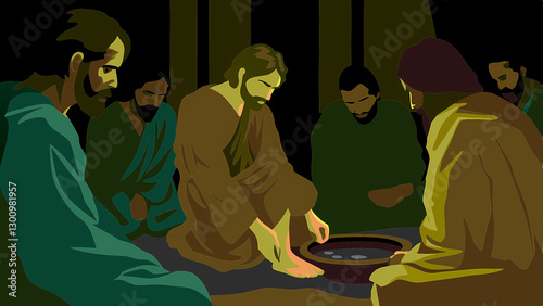  Jesus washing the feet of his disciples, humble and loving, in a sacred moment, vector-style image