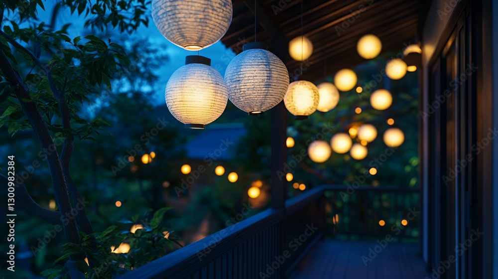 Fototapeta premium Serene outdoor patio illuminated by glowing lanterns at dusk.