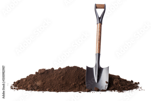 Shovel in the ground soil  isolated on transparent background