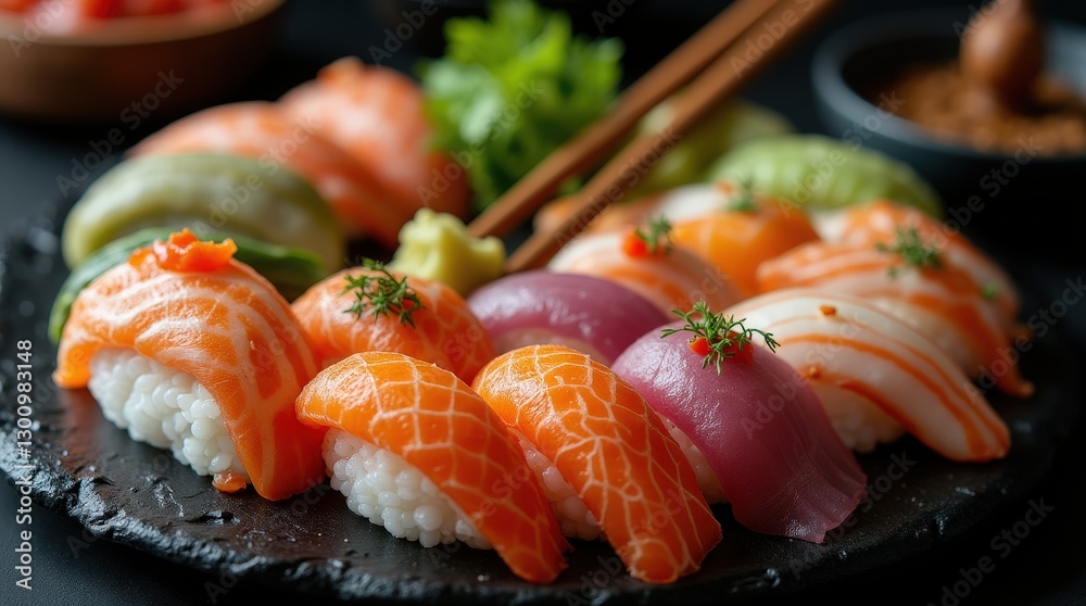 Vibrant sushi platter with colorful rolls and chopsticks on black table Vibrant sushi platter with colorful rolls and chopsticks on black table