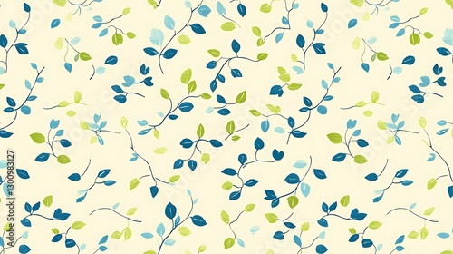 Delicate springtime foliage pattern with teal, green, and leaf accents