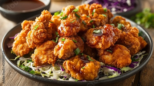 A close-up of Japanese karaage, crispy fried chicken pieces served with shredded cabbage, accompanied by a side of soy-based dipping sauce