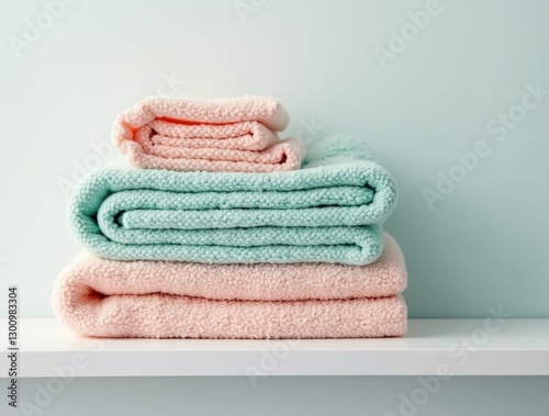Stack of soft pastel towels on white shelf