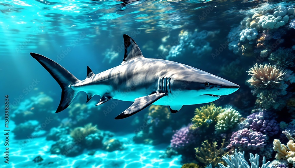 Naklejka premium Shark Swimming Gracefully in Clear Tropical Water with Coral Reef