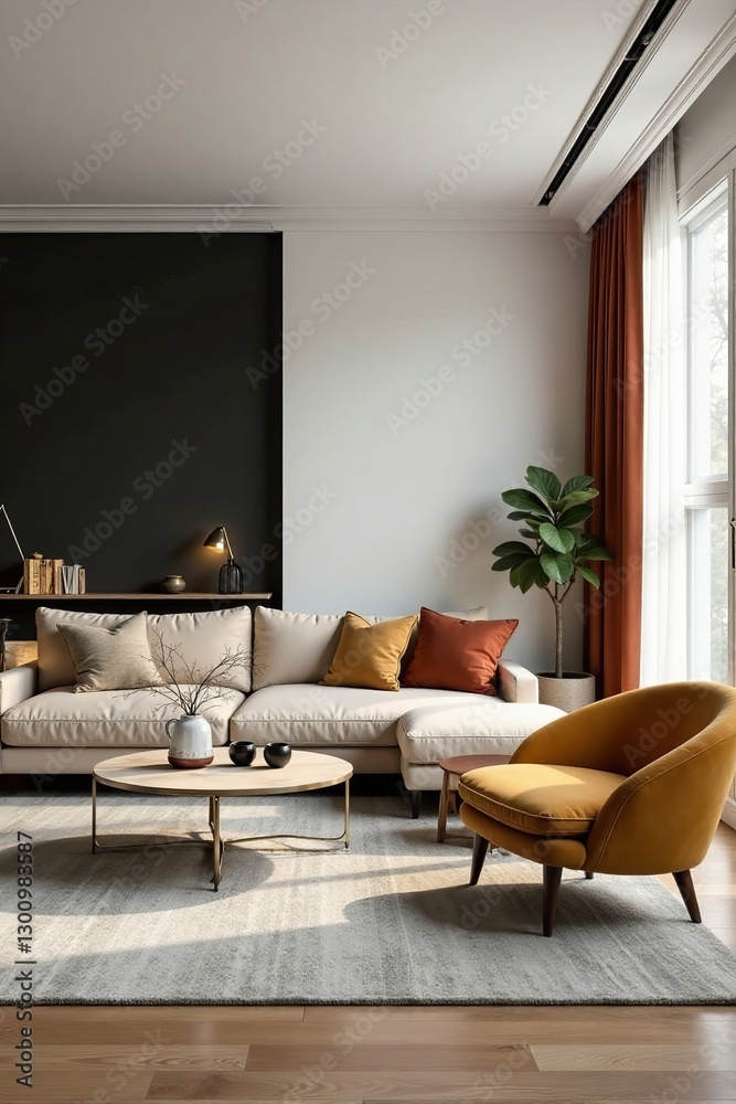 Fototapeta premium Stylish urban living room with minimalist furniture and art deco accents, decor, urban