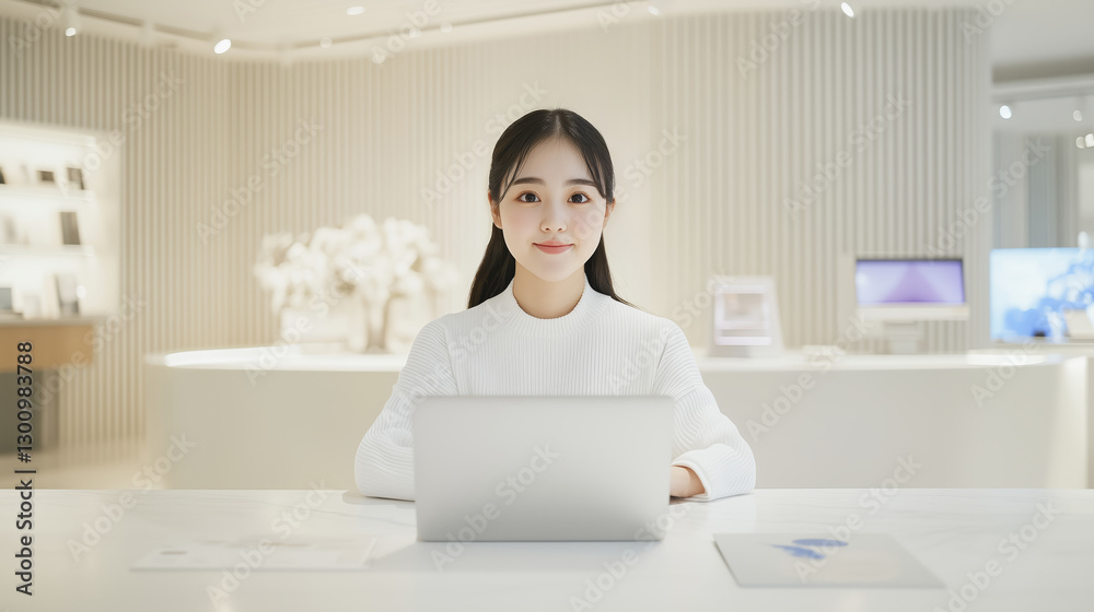 young woman is sitting at table with laptop in bright, modern office space, exuding calm and focused demeanor young woman is sitting at table with laptop in bright, modern office space, exuding calm and focused demeanor