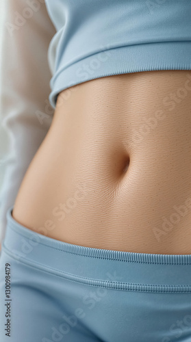 Close up of toned abdominal area of person wearing light blue athletic top and bottoms