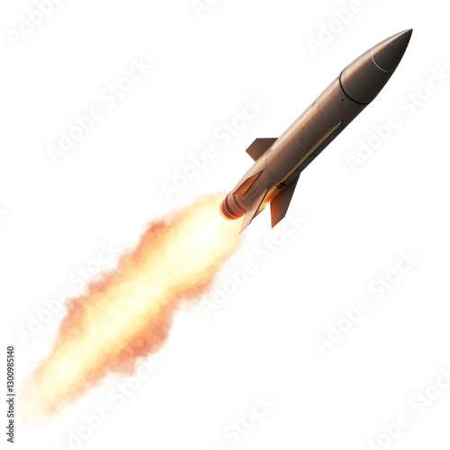 close up a missile is flying isolated on white background
