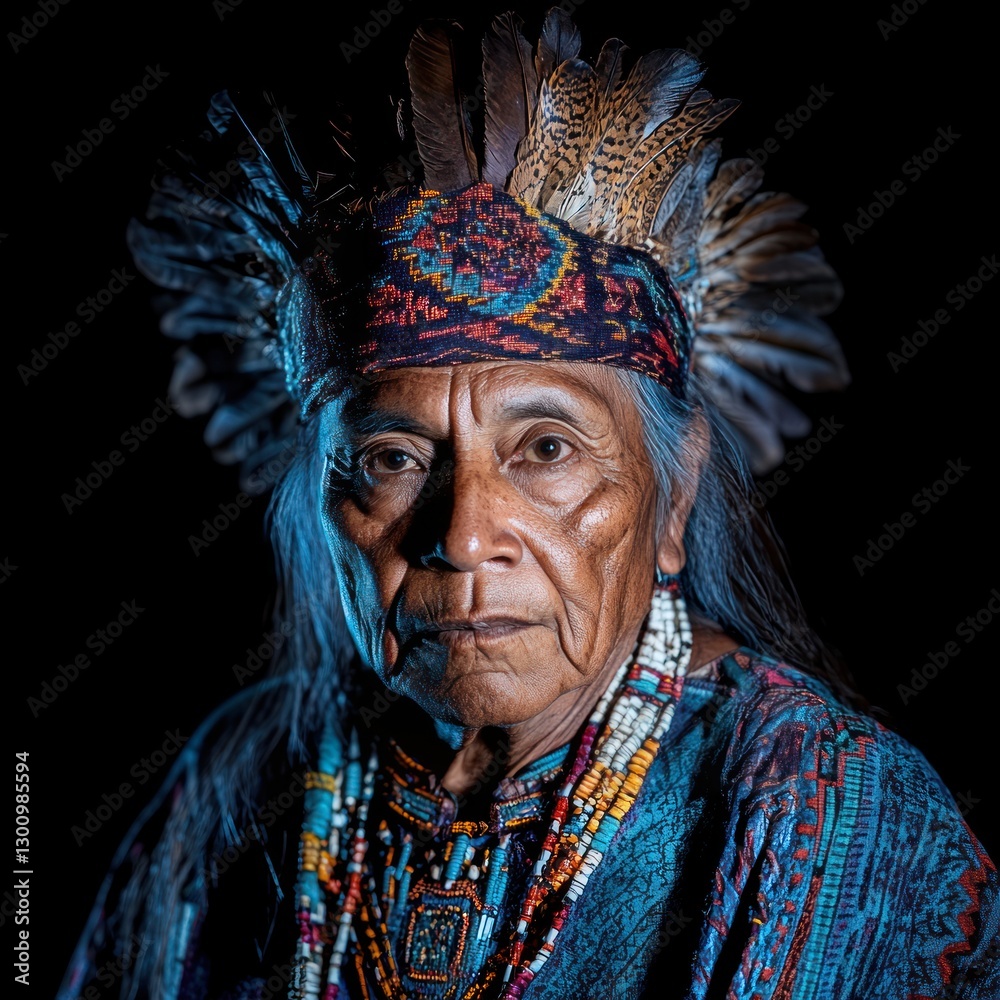 Obraz premium Indigenous elder in traditional attire embodying cultural heritage