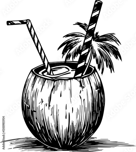 Refreshing coconut drink with straws tropical beach illustration relaxing environment artistic viewpoint summer vibes