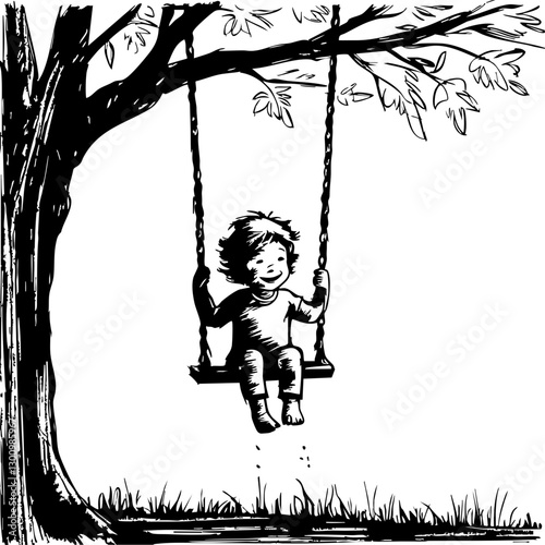 Child swinging joyfully in a park outdoor scene black and white illustration playful atmosphere