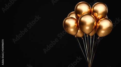Gold Balloons Cluster on Black Background