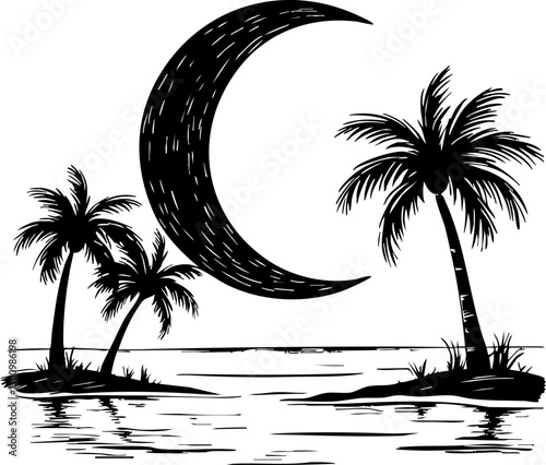 Serene nighttime beach scene with crescent moon and palm trees tropical paradise illustration calm water artistic view relaxation